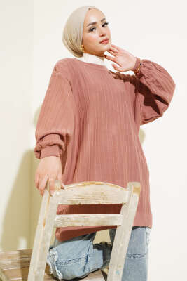 İnce Fitilli Yarasa Kol Triko Tunik Gül Kurusu 