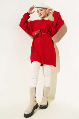 İnce Fitilli Yarasa Kol Triko Tunik Kırmızı - Triko Tunik