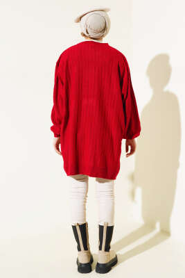 İnce Fitilli Yarasa Kol Triko Tunik Kırmızı - Triko Tunik