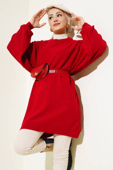 İnce Fitilli Yarasa Kol Triko Tunik Kırmızı - Tunik