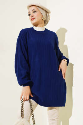 İnce Fitilli Yarasa Kol Triko Tunik Lacivert 