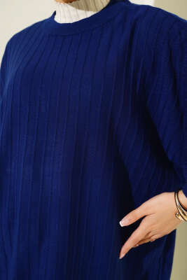 İnce Fitilli Yarasa Kol Triko Tunik Lacivert - Triko Tunik