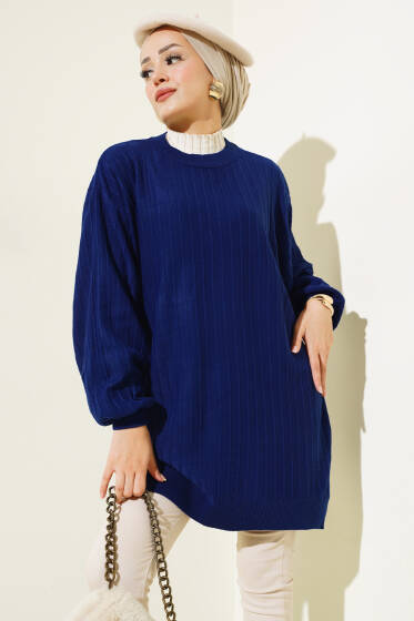 İnce Fitilli Yarasa Kol Triko Tunik Lacivert - Tunik