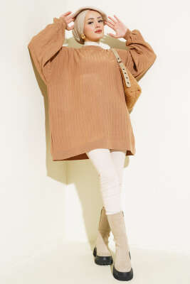 İnce Fitilli Yarasa Kol Triko Tunik Latte 