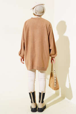 İnce Fitilli Yarasa Kol Triko Tunik Latte - Triko Tunik