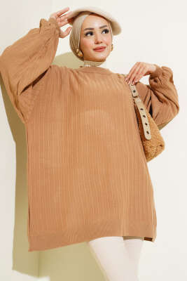 İnce Fitilli Yarasa Kol Triko Tunik Latte - Triko Tunik