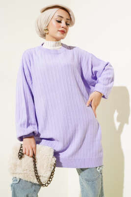 İnce Fitilli Yarasa Kol Triko Tunik Lila 