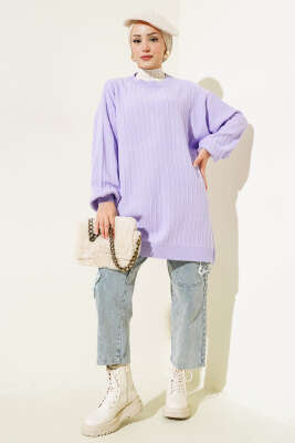 İnce Fitilli Yarasa Kol Triko Tunik Lila - Triko Tunik