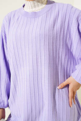 İnce Fitilli Yarasa Kol Triko Tunik Lila - Triko Tunik