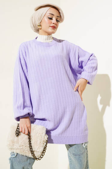 İnce Fitilli Yarasa Kol Triko Tunik Lila - Tunik