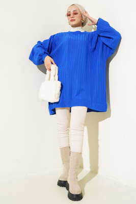 İnce Fitilli Yarasa Kol Triko Tunik Saks - Triko Tunik