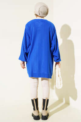 İnce Fitilli Yarasa Kol Triko Tunik Saks - Triko Tunik