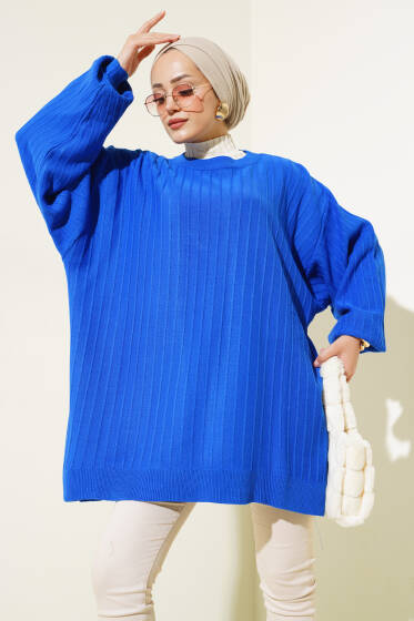 İnce Fitilli Yarasa Kol Triko Tunik Saks - Tunik