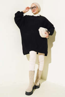 İnce Fitilli Yarasa Kol Triko Tunik Siyah - Triko Tunik