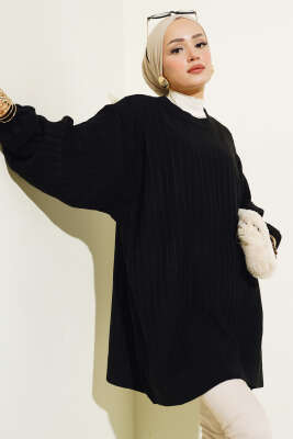 İnce Fitilli Yarasa Kol Triko Tunik Siyah - RAFİMİX