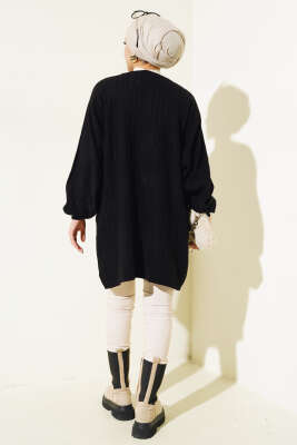 İnce Fitilli Yarasa Kol Triko Tunik Siyah - Triko Tunik