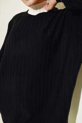 İnce Fitilli Yarasa Kol Triko Tunik Siyah - Triko Tunik