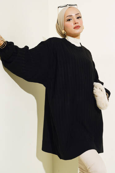 İnce Fitilli Yarasa Kol Triko Tunik Siyah - Tunik