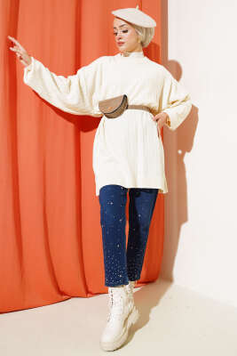 İnce Fitilli Yarasa Kol Triko Tunik Taş - Triko Tunik