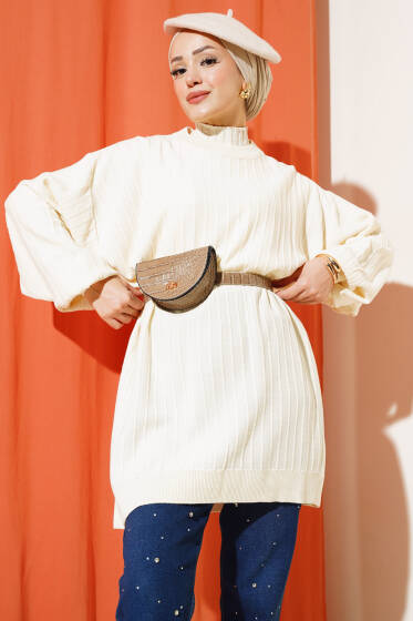 İnce Fitilli Yarasa Kol Triko Tunik Taş - Tunik