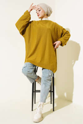 İnce Fitilli Yarasa Kol Triko Tunik Yağ Yeşili 