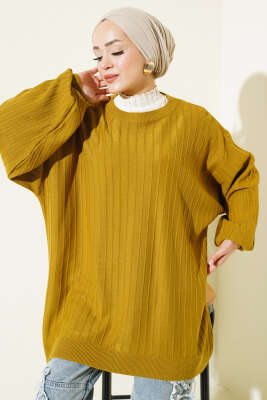 İnce Fitilli Yarasa Kol Triko Tunik Yağ Yeşili - Triko Tunik