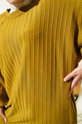 İnce Fitilli Yarasa Kol Triko Tunik Yağ Yeşili - Triko Tunik