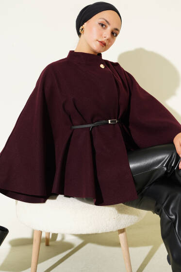 İnce Kemer Detaylı Kaşe Panço Bordo - Panço