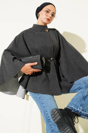 İnce Kemer Detaylı Kaşe Panço Füme - Panço