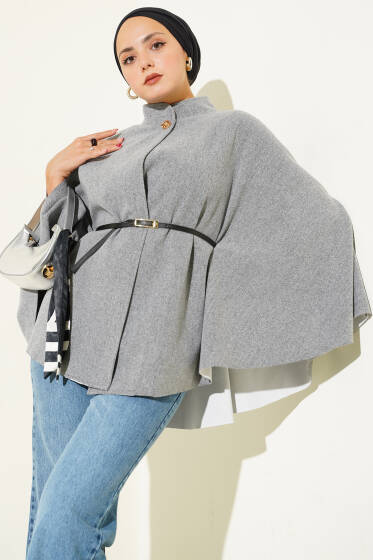 İnce Kemer Detaylı Kaşe Panço Gri - Panço
