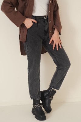 İnce Kemerli Dar Paça Pantolon Füme - Pantolon