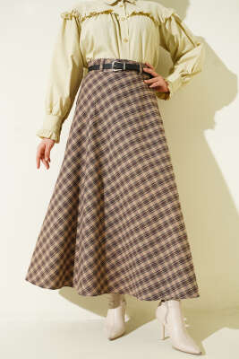 İnce Kemerli Ekoseli Etek Camel - FEVERAN