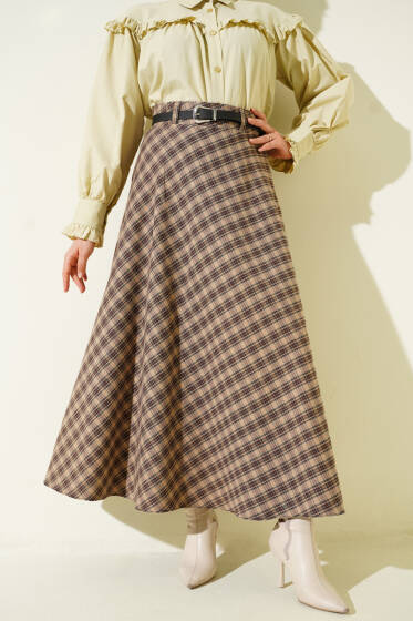 İnce Kemerli Ekoseli Etek Camel - Etek