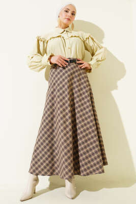 İnce Kemerli Ekoseli Etek Camel - Etek