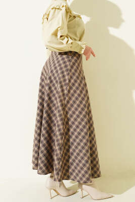 İnce Kemerli Ekoseli Etek Camel - Etek