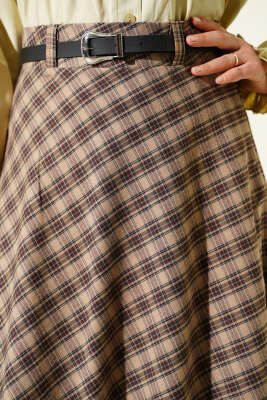 İnce Kemerli Ekoseli Etek Camel - Etek