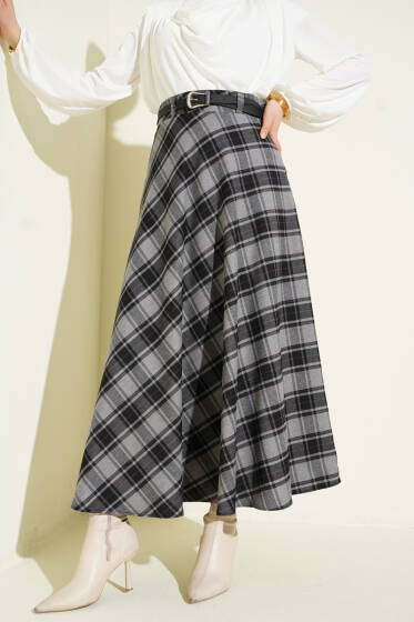 İnce Kemerli Ekoseli Etek Füme - Etek