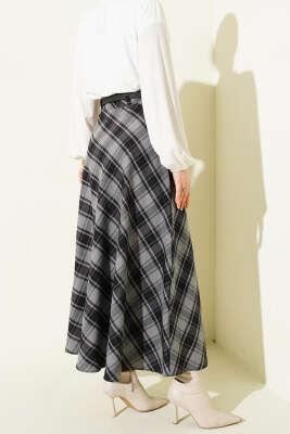 İnce Kemerli Ekoseli Etek Füme - Etek