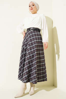 İnce Kemerli Ekoseli Etek Füme Lacivert - Etek