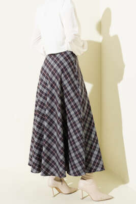 İnce Kemerli Ekoseli Etek Füme Lacivert - Etek