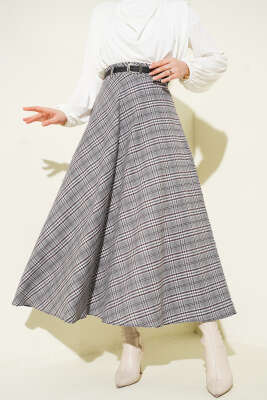 İnce Kemerli Ekoseli Etek Gri - FEVERAN