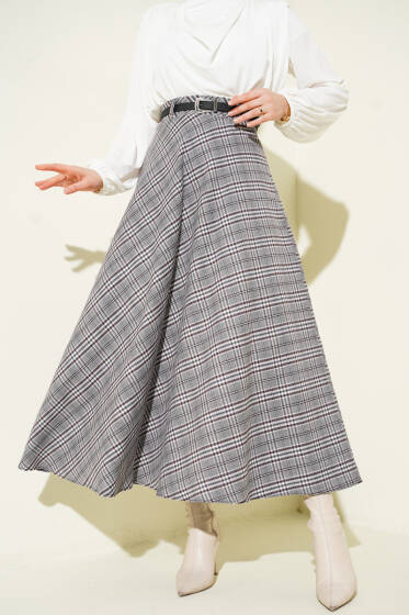 İnce Kemerli Ekoseli Etek Gri - Etek