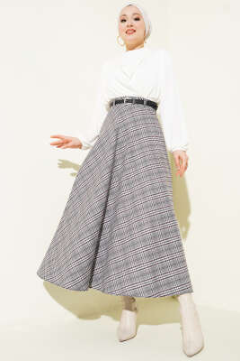 İnce Kemerli Ekoseli Etek Gri - Etek