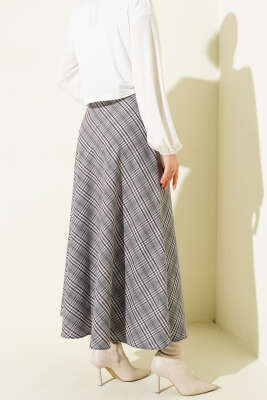 İnce Kemerli Ekoseli Etek Gri - Etek