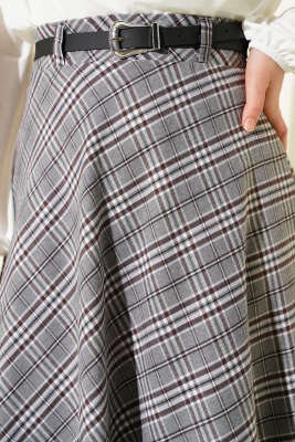 İnce Kemerli Ekoseli Etek Gri - Etek