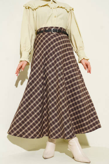 İnce Kemerli Ekoseli Etek Kahve - Etek