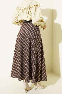 İnce Kemerli Ekoseli Etek Kahve - Etek