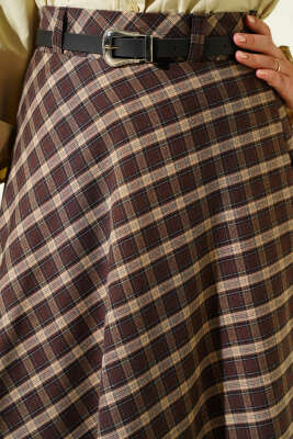 İnce Kemerli Ekoseli Etek Kahve - Etek