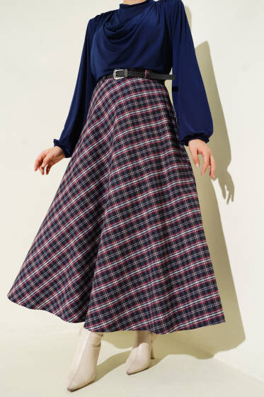 İnce Kemerli Ekoseli Etek Lacivert - Etek