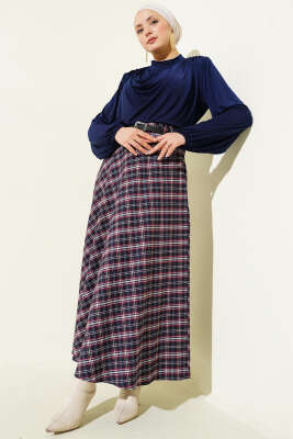 İnce Kemerli Ekoseli Etek Lacivert - Etek